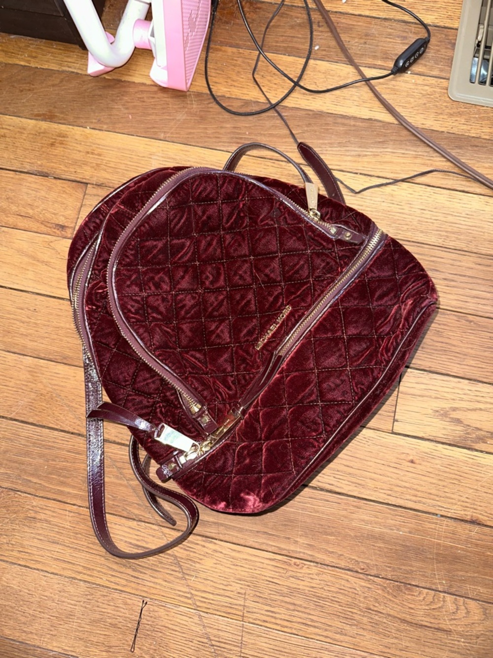 Michael Kors Quilted Velvet Wine Backpack with Gold Hardware - Picture 3 of 12